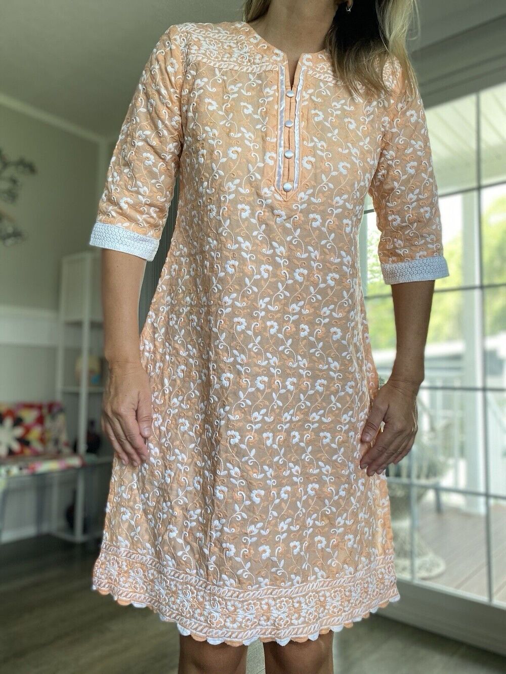 ZOLA Women Kurta Embroidered Floral Tunic Print Beaded Neckline Light Orange XL
